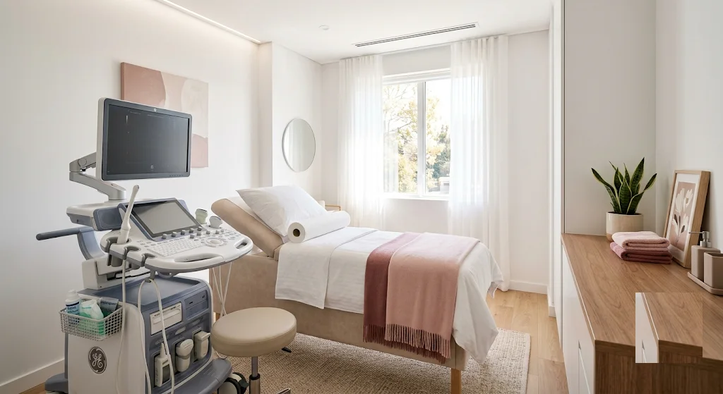 A bright ultrasound examination room with a cart-based machine beside the examination couch