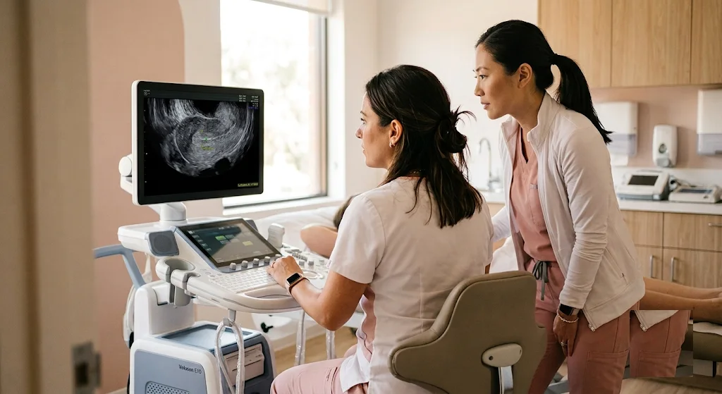 A clinical trainer and a sonographer review a transvaginal uterus scan together at the ultrasound machine